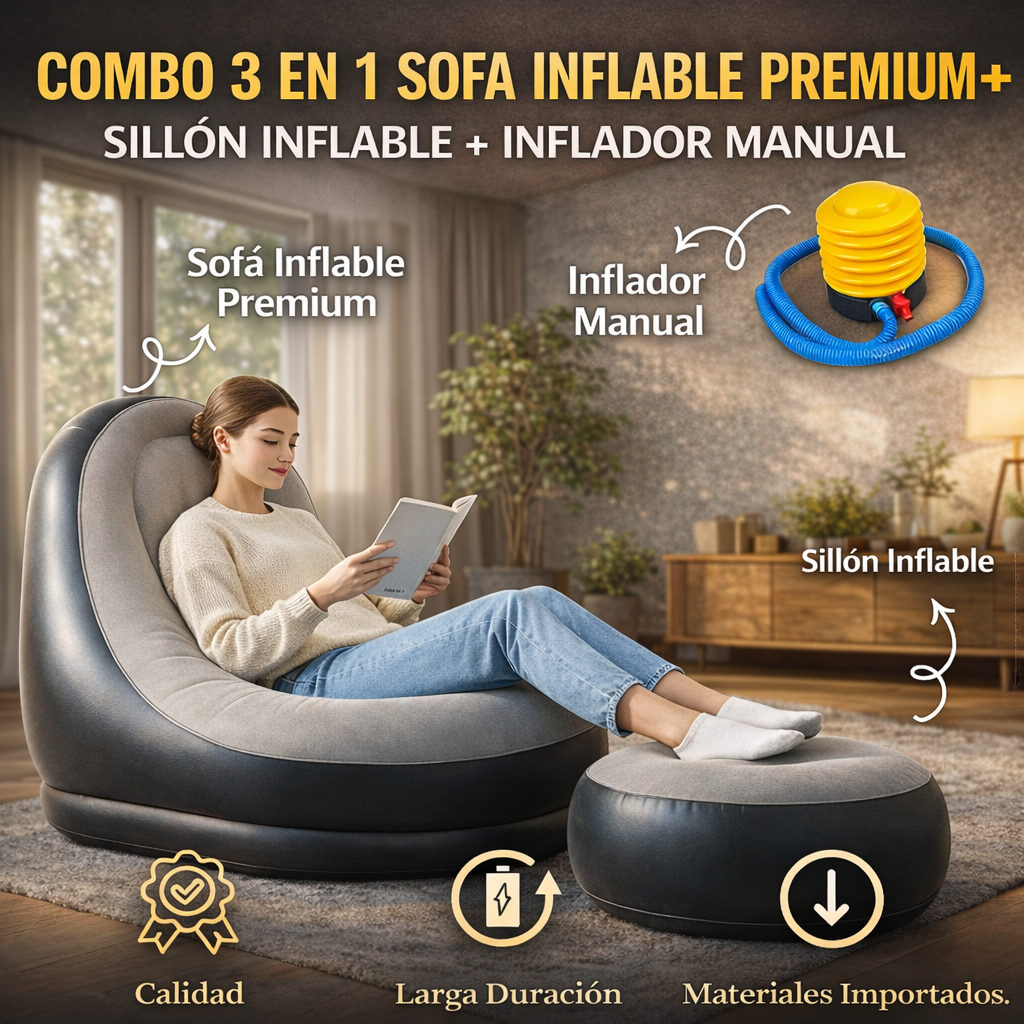 COMBO 3 EN 1: Sofa Inflable Premium + Sillon Inflable + Inflador Manual