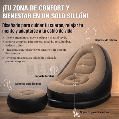 COMBO 3 EN 1: Sofa Inflable Premium + Sillon Inflable + Inflador Manual