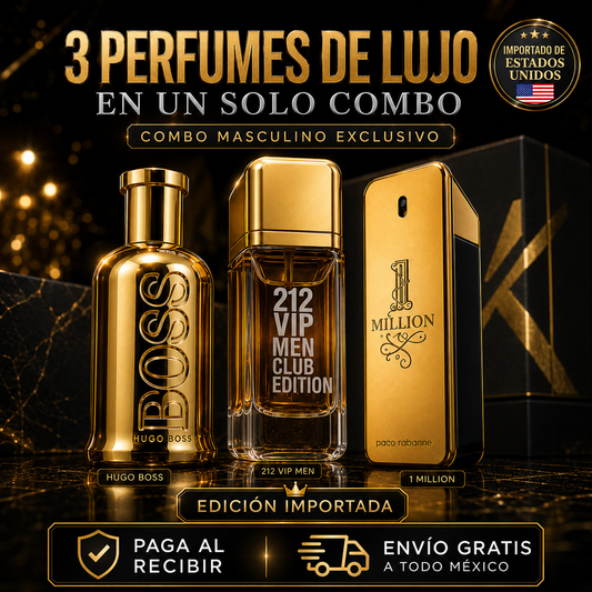 Set de 3 Perfumes de Lujo Masculinos | 1 Million + 212 VIP Men + Boss Bottled