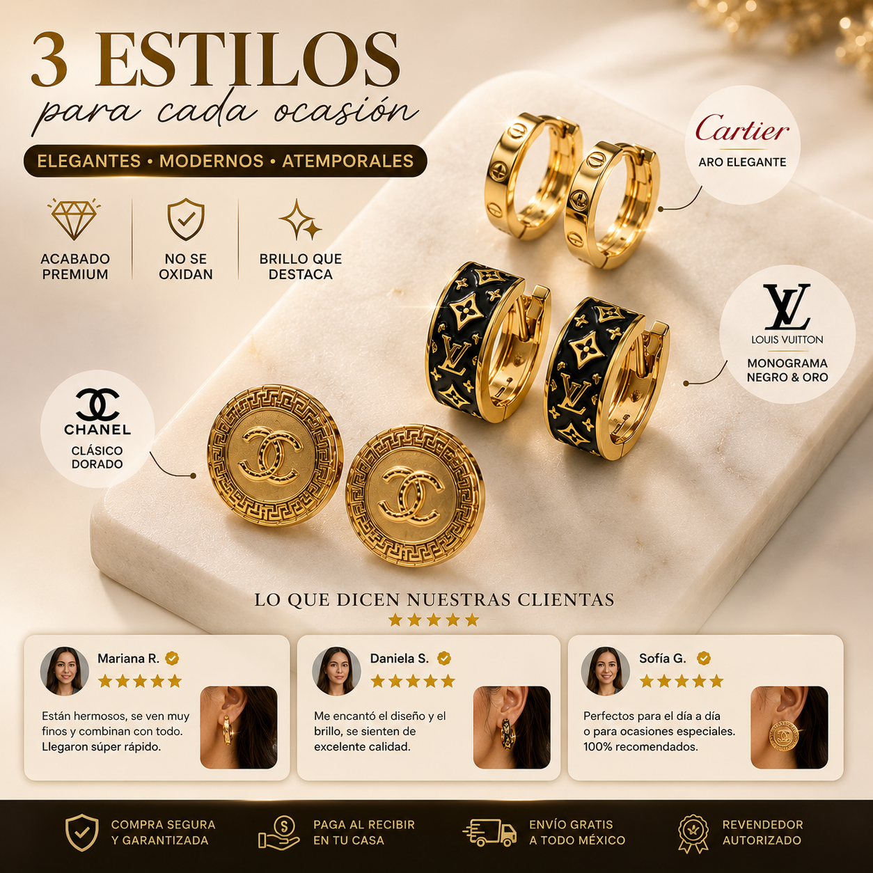 Kit de Aretes Dorados de Lujo 3 en 1