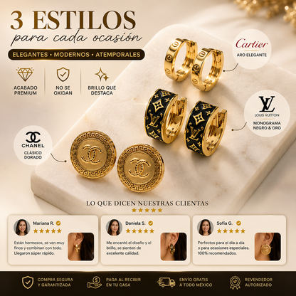 Kit de Aretes Dorados de Lujo 3 en 1