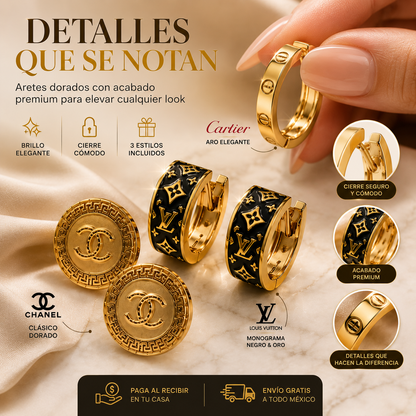Kit de Aretes Dorados de Lujo 3 en 1