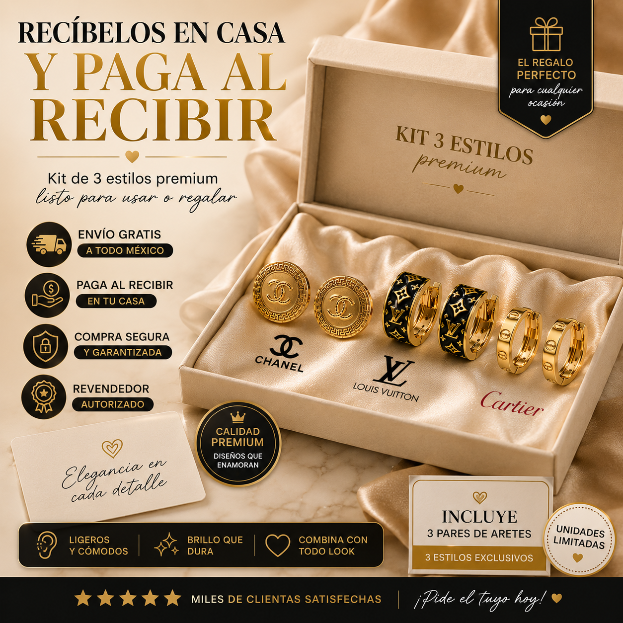 Kit de Aretes Dorados de Lujo 3 en 1