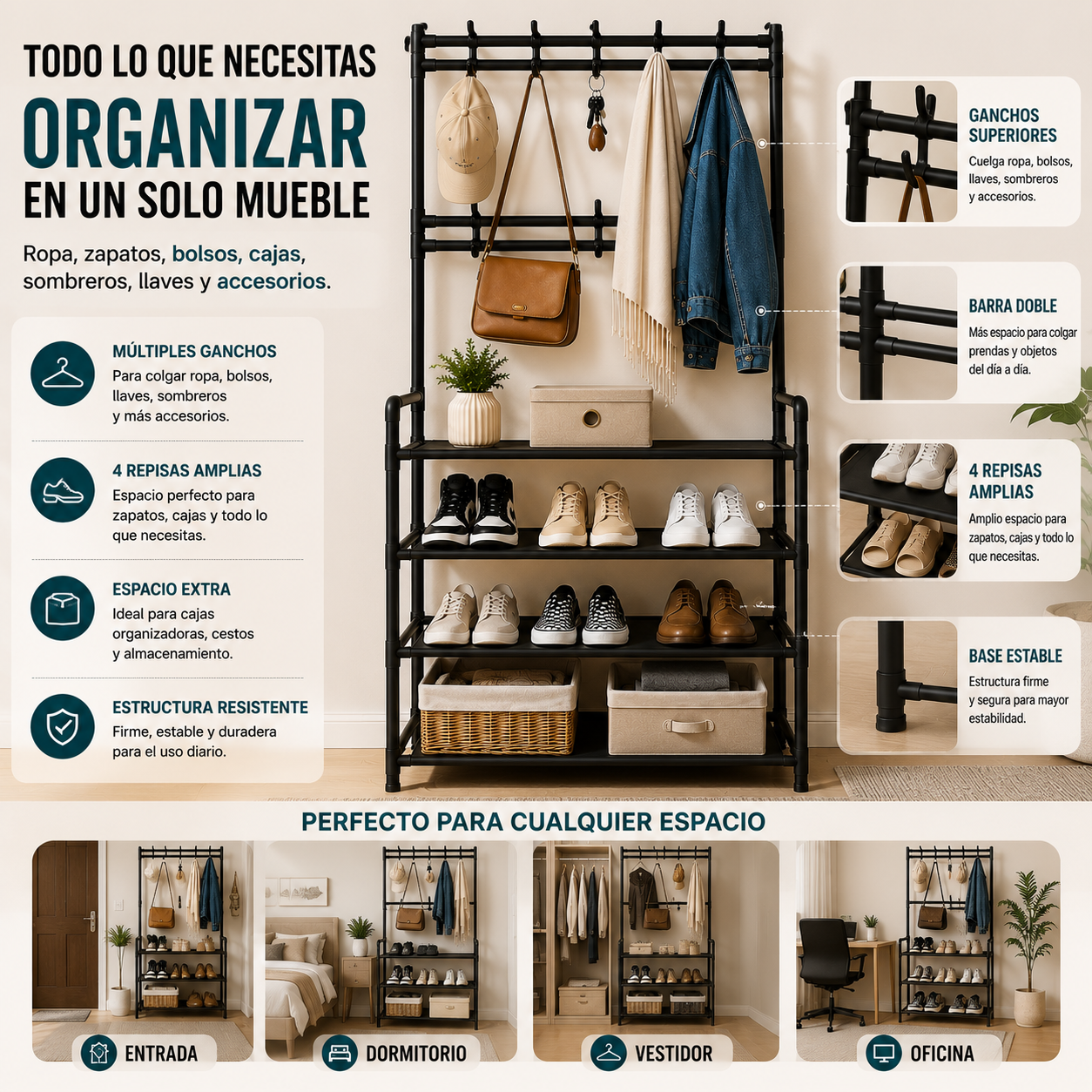 OrdenaMax™ Perchero Closet Multifuncional 4 Niveles